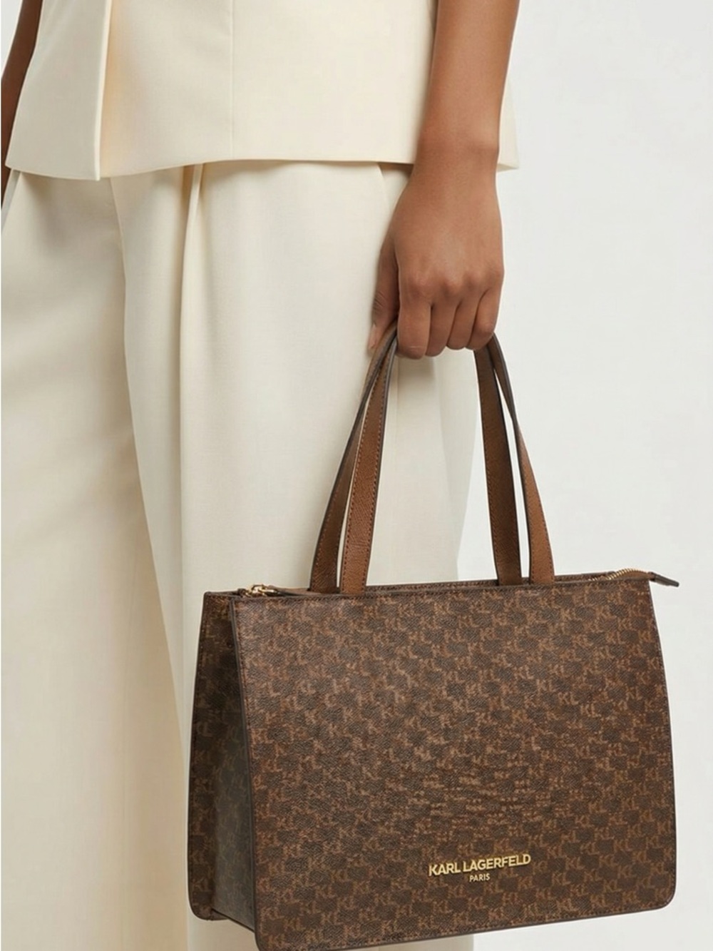 Karl Lagerfeld Brown Monogrammed Tote with Gold Logo